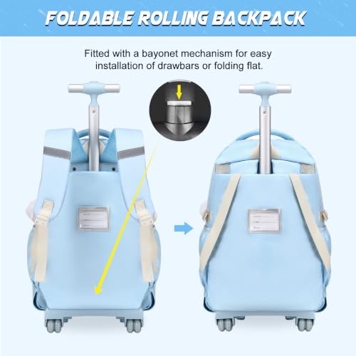 DIGOBAY Rolling Backpack for Girls, Girls Roller Backpack with Lunch Bag and Pencil Case, School Bookbag with Wheels for Elementary Middle High School Travel, Blue - color: Blue