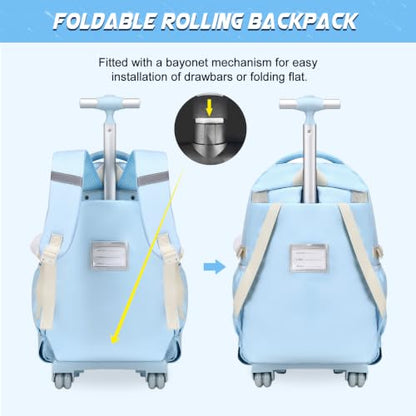 DIGOBAY Rolling Backpack for Girls, Girls Roller Backpack with Lunch Bag and Pencil Case, School Bookbag with Wheels for Elementary Middle High School Travel, Blue - color: Blue
