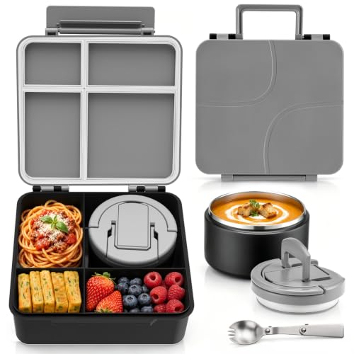 MAXSO Bento Lunch Box Set for Kids with 8 oz Soup Thermo, Leakproof Hot Food Container with 4 Compartments, Insulated Food Jar for Toddler Daycare Boys Girls School - Black - color: Black
