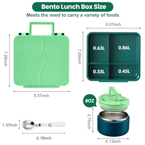 Bento Lunch Box for Kids with 8oz Soup Thermo,Kids Leakproof Lunch Food Containers with 4 Compartment,Kid Insulated Thermo Hot Food Jar for School,Trvael-Green - color: Green