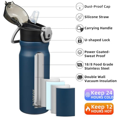 BJPKPK Insulated Water Bottle 18oz Stainless Steel Water Bottles with Straw and Carry Handle Double Wall Metal Thermal Flask,Navy Blue - color: A-Navy Blue, size: 18 Ounces