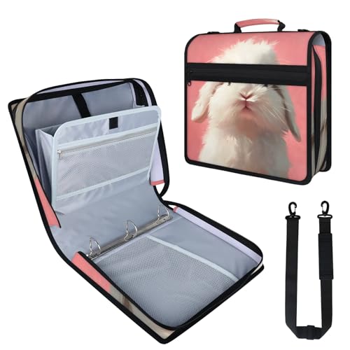 Rabbit Pink Zipper Binder, 3 D-Ring Expanding File Folder with Handle & Adjustable Shoulder Strap, 400 Sheets Capacity Multi-Pocket Organizer for 13 Inch Laptop - color: Rabbit Pink