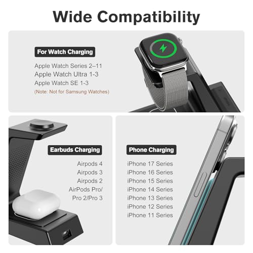 ANJANK 4 in 1 Wireless Charging Station Alarm Clock, Charging Dock for Apple Devices, Charger Stand for iPhone 17 Air 16 15 14 13 12 Series for Apple Watch 11 10 9 8 7 6 5 UItra/SE & AirPods, Dimmable - color: Black