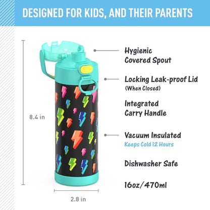 THERMOS FUNTAINER Water Bottle with Spout, 16oz, Lightning Bolt Girl | Kids Stainless Steel Insulated Water Bottle, Keeps Drinks Cold Longer for School & Play, BPA-Free - color: Lightning Bolt Girl, size: 16 Ounces