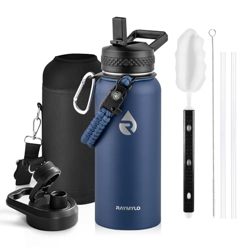 RAYMYLO Insulated Water Bottle 32 oz, Triple Wall Vacuum Stainless Steel (Cold for 24Hrs, Hot for 12Hrs), Leak Proof & Non-BPA, Modern Water Flask Jug with Paracord Handle & Straw Spout Lids - color: Dark Blue, size: 32 Ounces