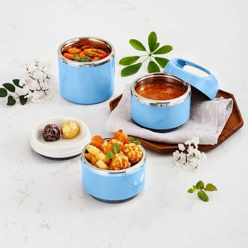 Lille Home Stackable Stainless Steel Thermal Compartment Lunch/Snack Box, 3-Tier Insulated Bento/Food Container with Lunch Bag, Utensils Set and Three Extra Seals, 43OZ (Blue with Utensils) - color: Blue with Utensils