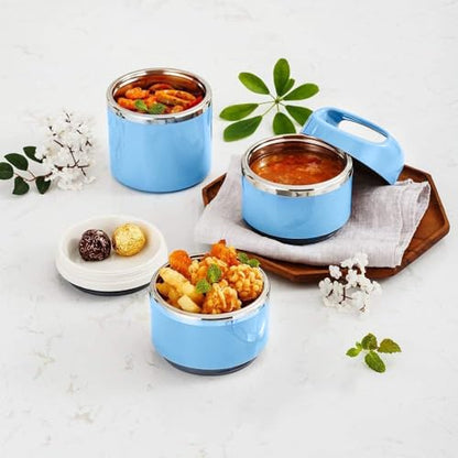 Lille Home Stackable Stainless Steel Thermal Compartment Lunch/Snack Box, 3-Tier Insulated Bento/Food Container with Lunch Bag, Utensils Set and Three Extra Seals, 43OZ (Blue with Utensils) - color: Blue with Utensils