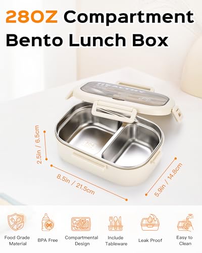Lille Home 28oz Stainless Steel Leakproof 2-Compartment Bento Lunch Box/Portion Control Food Container with Lunch Bag and Cutlery Set, BPA Free (Beige) - color: Beige
