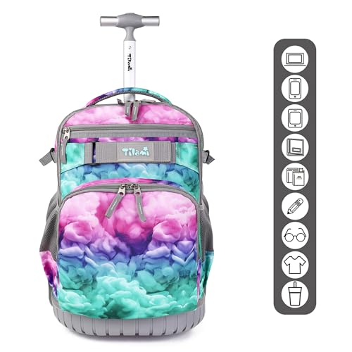 Tilami Rolling Backpack, 18 inch Shoulder Drop, Concealed Pockets and Wheel Cover, Laptop Backpack for Boys and Girls, Clouds Green - color: Clouds Green