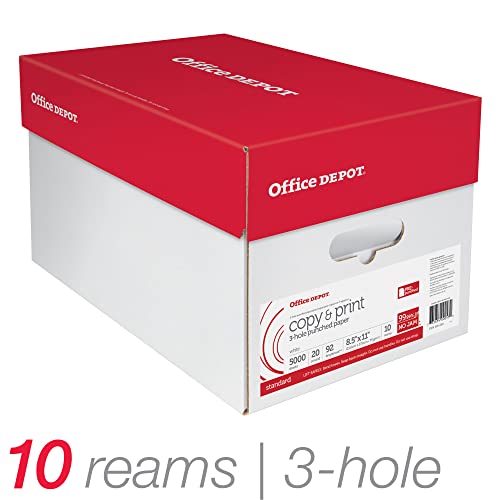 Office Depot(R) White Copy Paper, 3-Hole Punched, 8 1/2" x 11", 20 Lb., 84 Brightness, Case Of 10 Reams