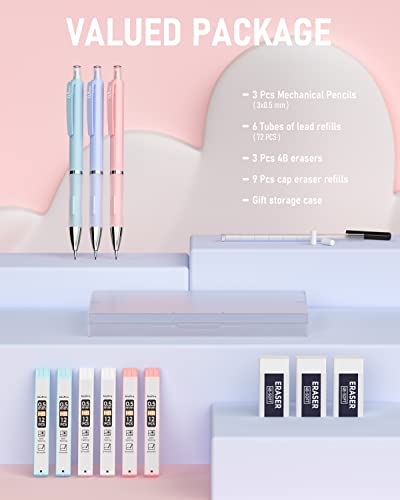 Nicpro 3PCS Pastel Mechanical Pencil Set, 0.5 Mechanical Pencils with 6 Tube HB Lead 0.5mm, 3 Eraser and 9 Eraser Refill & Case, Aesthetic School Supplies for Drafting Sketching, Drawing & Writing - style: 3 Pack (0.5mm)