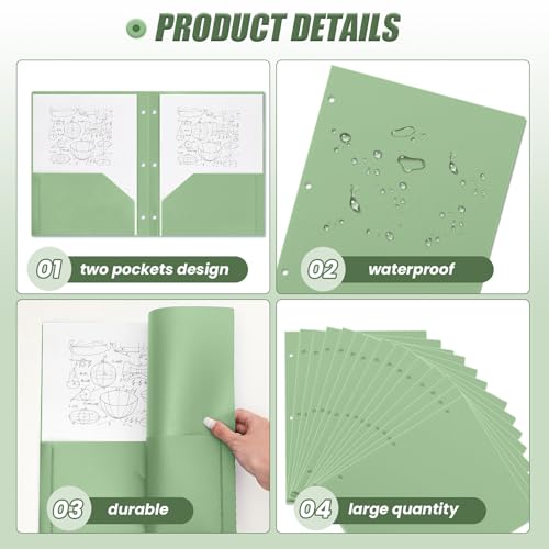 Yeaqee 72 Pcs Plastic Folders with Pockets Bulk 3 Hole Punched 2 Pocket File Folders for 3 Ring Binder Divider Folder for Notebooks, Durable Poly for Office Home (Sage Green) - color: Sage Green