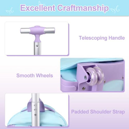 3-IN-1 Rolling Backpack for Girls with Lunch Bag Pencil case, Kawaii Backpack with Wheels for Girls, Roller School Bag with Wheels for Teen Elementary School Bookbags with Cute Pins Aquamarine-Purple - color: Aquamarine-purple