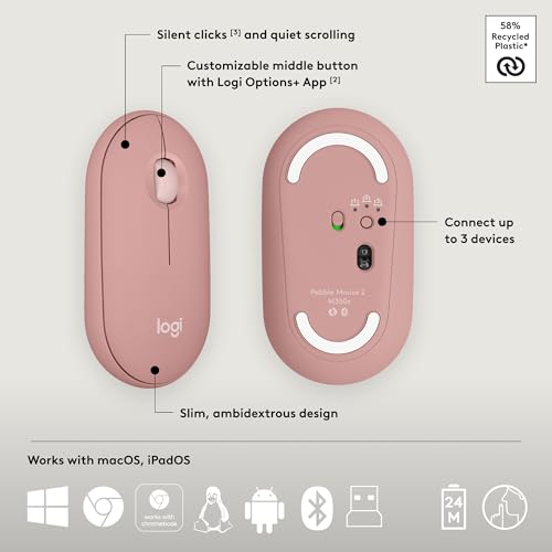 Logitech Pebble 2 Combo Wireless Keyboard and Mouse Quiet - Tonal Rose | Quiet and portable, customizable, Logi Bolt, Bluetooth, Easy-Switch for Windows, macOS, iPadOS, Chrome - color: Rose