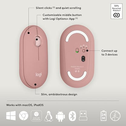 Logitech Pebble 2 Combo Wireless Keyboard and Mouse Quiet - Tonal Rose | Quiet and portable, customizable, Logi Bolt, Bluetooth, Easy-Switch for Windows, macOS, iPadOS, Chrome - color: Rose