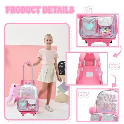 Meetbelify Rolling Backpack for Girls Backpack with Wheels for Elementary Student Kids School Bag with Lunch Box Pencil Case for Girls Ages 6-8 Years Old - color: Prw Pink