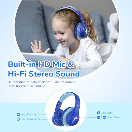 EarFun K4 Kids Bluetooth Headphones, Wireless Headphones with LED Lights | 74/85/94dBA Volume Limited, Built-in Mic, 90H Playtime, Stereo Sound Bluetooth 5.4 Over Ear Headphone for iPad/Tablet/School - color: Blue