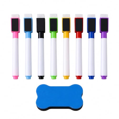 Magnetic Dry Erase Markers with Erasers, 8 Colors Whiteboard Marker Set with Flexible Tips, Quick Dry Low Odor Ink, Magnetic Caps and 1 Magnetic Whiteboard Erasers for Fridge, School, Office - color: Multicolor