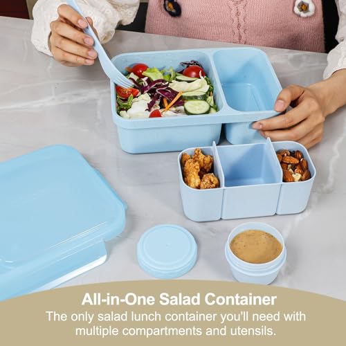 Caperci 2 Pack Salad Containers - Extra-Large 62 oz Bento Lunch Box for Adults, 2-Compartment Meal Prep Container with Removable Toppings Tray, Sauce Cup, Reusable Fork, BPA-Free (Blue & Tofu) - color: Light Blue & Tofu