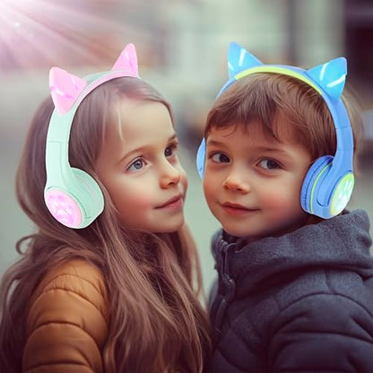 Riwbox CF9 Kids Bluetooth Headphones Cat Ear with LED Light Up,Safe 85dB Volume Limit,Built-in Mic&Boom Mic for Calls,Kids Wireless&Wired Headphones for Tablet/Airplane/School/Online Learning - color: Blue Green