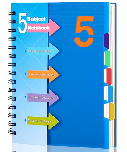 CAGIE 5 Subject Notebook, A5 Small Spiral Notebook with Removable Pocket Dividers Tabs, 240 Pages Spiral Note Book College Ruled for School Work Note taking, 6.1 * 8.27 in, Blue - color: Blue, size: A5(6×8in)