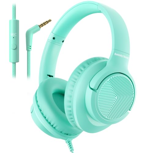 Botesty Sound Headphones Wired with Microphone, Over Ear Foldable 3.5mm Plug in Headphones Corded with 4.9ft Tangle-Free Nylon Cord for Tablet, Laptop, MP3/4, School, Airplane Travel (Green) - color: Green