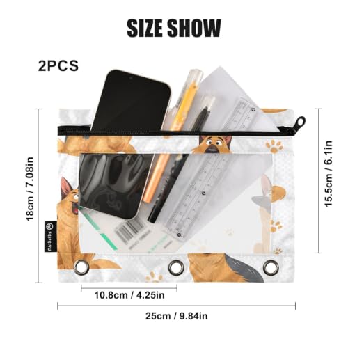 Gredecor 3 Ring Binder Pencil Pouch, Cute German Shepherd Dog White Zippered Pen Case Pouches with Clear Window, 2 Pack Stylish Office & School Supplie - color: Cute German Shepherd Dog White