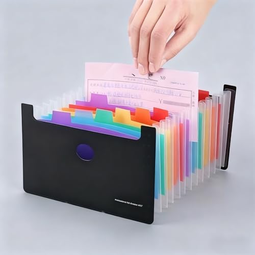 A5 Expanding File Organizer with 13 Pockets, Rainbow Accordion File Folder for Receipts and Checks, Portable Standing Document Holder for Office, Home and Travel, Black