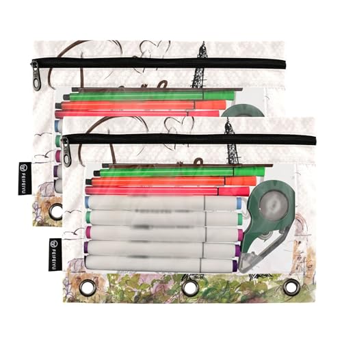 ZAZYXTJ Eiffel Tower Binder Pencil Pouchs 3 Ring with Zipper Clear Window | Office Organizers bag for School Students Teacher Supplies 2 Pack - color: Eiffel Tower
