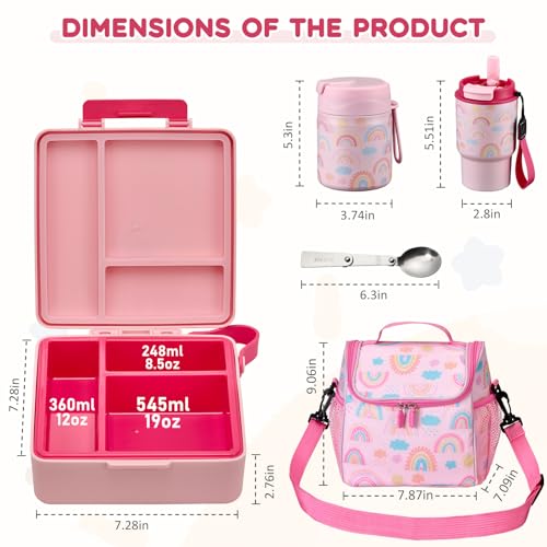 Pawtong Lunch Box Set with Bento Box Container, 17OZ Stainless Steel Food Soup Thermo, Kids Water Bottle & Portable Insulated Lunch Bag – Leakproof, Hot/Cold Retention for School, Travel(Pink-Rainbow) - color: Pink-Rainbow