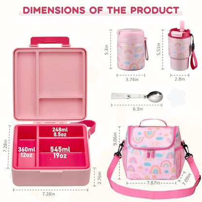 Pawtong Lunch Box Set with Bento Box Container, 17OZ Stainless Steel Food Soup Thermo, Kids Water Bottle & Portable Insulated Lunch Bag – Leakproof, Hot/Cold Retention for School, Travel(Pink-Rainbow) - color: Pink-Rainbow