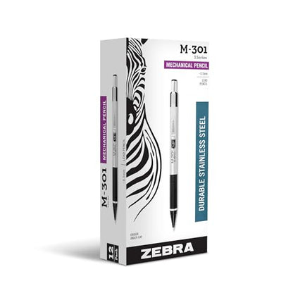 Zebra Pen, STEEL M-301 Mechanical Pencils, 0.5mm Fine Point, Refillable Lead, Stainless Steel Barrel, Built-in Eraser, Durable Clip, Lightweight Precision Pencil for Office or School, 12-Pack (54010) - size: 1 Count (Pack of 12)