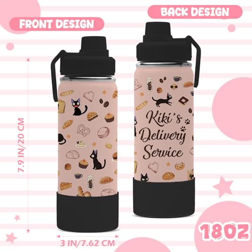18oz Kikis Delivery Service Water Bottle with 2 Lids (Spout and Straw Lid), Kids Insulated Stainless Steel Cats Tumbler Cup, Kiki's Delivery Service Merchandise Gifts for Women Teen Girl - color: Cat-2