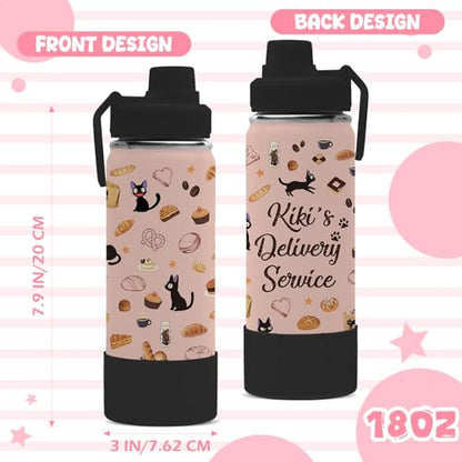 18oz Kikis Delivery Service Water Bottle with 2 Lids (Spout and Straw Lid), Kids Insulated Stainless Steel Cats Tumbler Cup, Kiki's Delivery Service Merchandise Gifts for Women Teen Girl - color: Cat-2