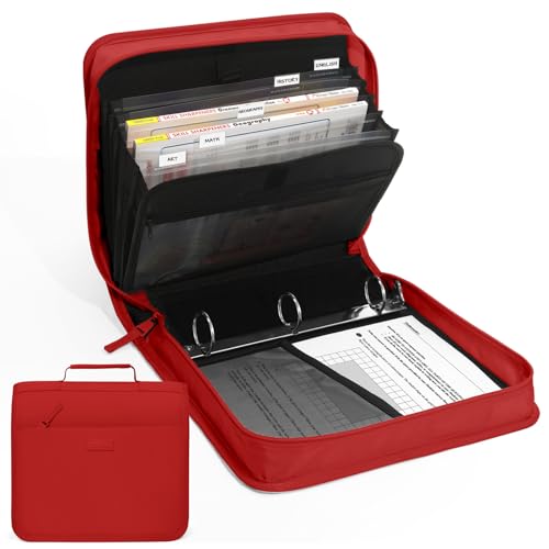SUNEE Zipper Binder with Handle, 1.5 Inch O-Ring, 325 Pages Capacity, with 5-Tab Expanding File Folder for Classified Storage, Small Size Lightweight Zipper Bag for Middle School Students, Bright Red - color: Bright Red