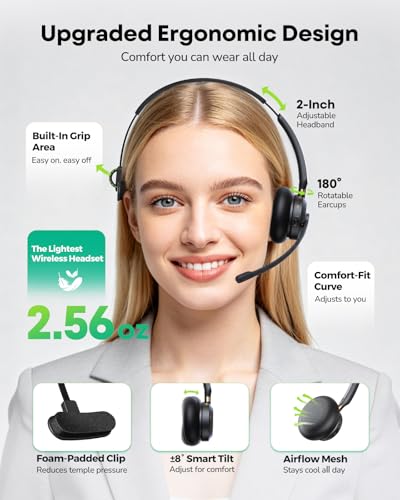 Wireless Headset with Mic for Work, Wireless Headphones with Mic Single Ear Work Headset with Charge Stand for Remote & Office, Bluetooth 5.3 & USB 2.4G Dongle for Teams Clear Call & Online Meeting