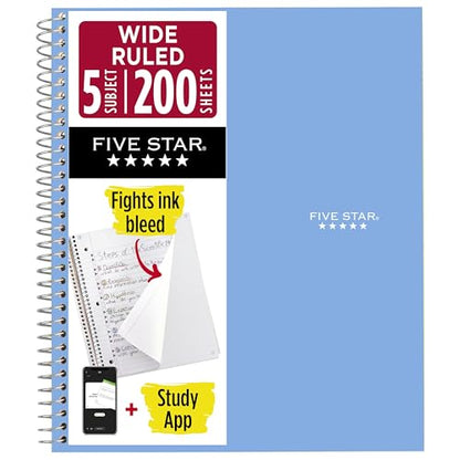Five Star Spiral Notebook + Study App, 5 Subject, Wide Ruled Paper, 8" x 10-1/2", 200 Sheets, Fights Ink Bleed, Water Resistant Cover, Tidewater Blue (73196) - color: Blue, size: 8" x 10.5" (Pack of 1)