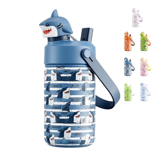POWCAN 12 oz Insulated Water Bottle for School: 2-in-1 Straw Spout Lid with Soft Animal Head, Leakproof, BPA-Free, Keep Cold 24H, Easy Carry, Stainless Steel Cup for Kids, Boys, Girls (Baby Shark) - color: Baby Shark, size: 12 Ounces