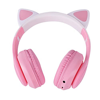 Cat Ear Kids Headphones Bluetooth, LED Light up Wireless/Wired Mode Over Ear Headphones with Build in Microphone for School/Travel (Pink) - color: Pink