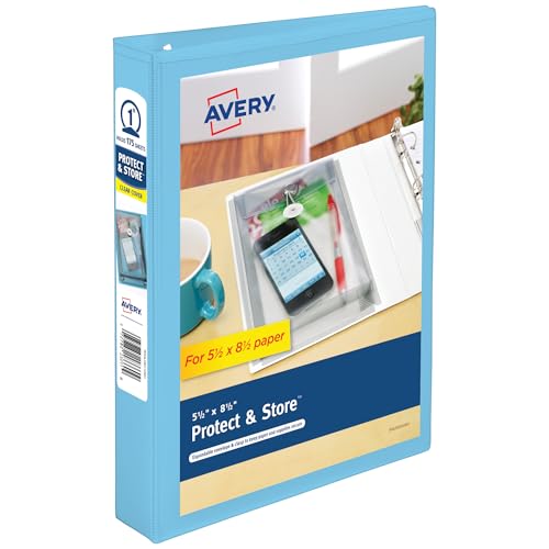 Avery Mini Durable View Protect & Store 3 Ring Binder, Holds 5.5" x 8.5" Paper, 1" Round Rings, 175-Sheet Capacity, 1.4 Inch Wide Spine, Includes Fully Enclosed Pocket, 1 Light Blue Binder (23014) - size: 1"