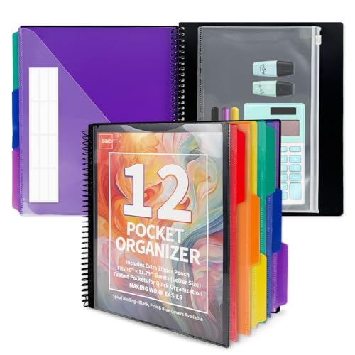 Binditek 12-Pocket Poly Project Organizer, Heavy-Duty Poly Cover, Clear Front Pocket, 6-Color Dividers with 1/3-Cut Tabs, Fixed Zipper Pouch, Letter-Size, Black - color: Black