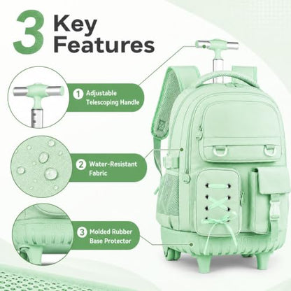 KLFVB Roller Backpack for Girls, 3PCS Rolling Bookbag with Lunch Bag for Kids, Wheeled School Bag for Teen - Cyan Ribbon Bow - color: Cyan Ribbon Bow Rolling Backpack