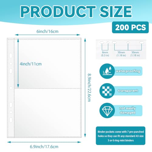 VOKOY 200 Pack Mini Sheet Protectors fit 4"x6"' Cards for 3 or 6 Ring Binder, 7 Holes 2 Pocket Heavy-Duty Recipe Card Sleeves Refill Pages Crystal Clear Index Card Protectors for 8.5x9.5 Inch Binder - size: 6.9x8.5 Inch-2 Pocket, style: 200 Pack