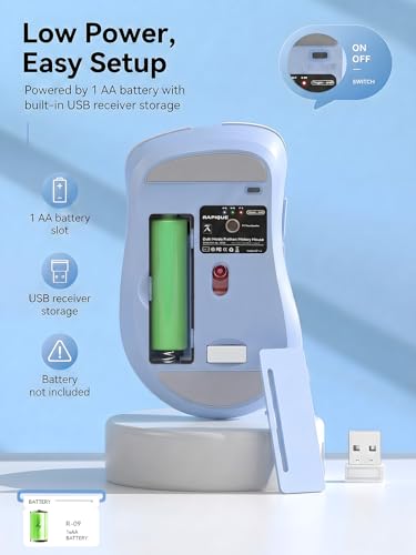 RAPIQUE Bluetooth Wireless Mouse, Dual Bluetooth & 2.4G USB Receiver, Quiet Clicks, Right-Hand Ergonomic 6 Button Mouse, Adjustable DPI, AA Battery, for Laptop, PC, Mac, Tablet - Light Blue - color: Light Blue