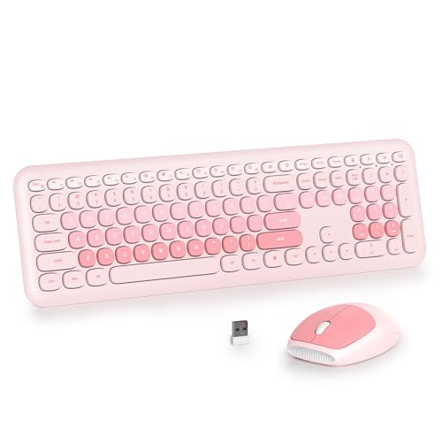 Wireless Typewriter Keyboard and Mouse Combo Retro 104 Key Full Size Office Set Pink Keyboard with Silent Round Keycaps, Ideal for Laptop and Desktop PCs, Cute Design Keyboard - color: Diary Pink