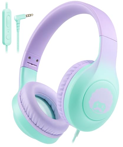 rockpapa Kids Headphones, Wired Headphones for Kids with Microphone, 85/94dB Volume Limiter Headphone for Girls Boys, Foldable Head Phones for School Tablet Laptop Purple Teal - color: Purple Teal