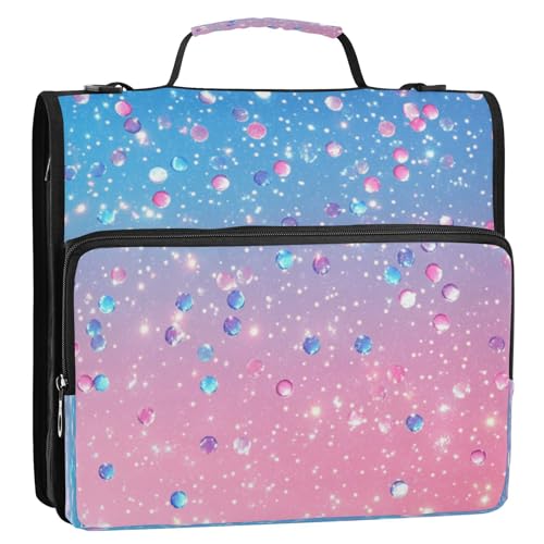 Caikeny 3 Ring Zipper Binder Cute Light Pink Blue Gradient Flashing Glitter 1.5 inch Binders Bag with Shoulder Strap and Handle Expanding File Pockets - color: Multicolored 1z2.1