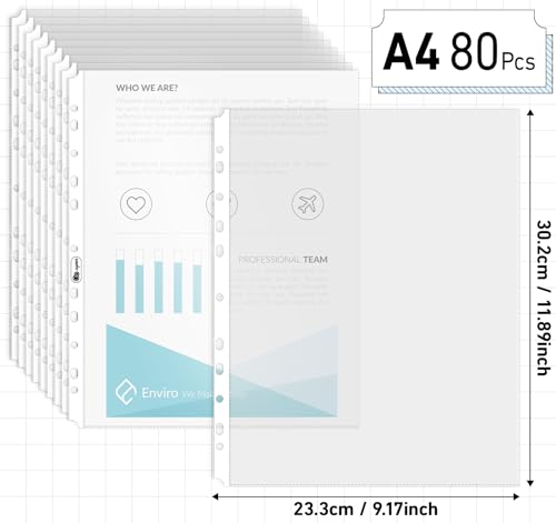A4 Clear Sheet Protectors 11.81x 8.46in,80 Punched Pocket with Sticky Tabs,120 Micron Heavy Duty Binder Sleeves 11-Hole Plastic Page Protectors Sheet Top Loaded for 2/3/4 Ring Binder Fits A4 Paper - size: A4-80PCS