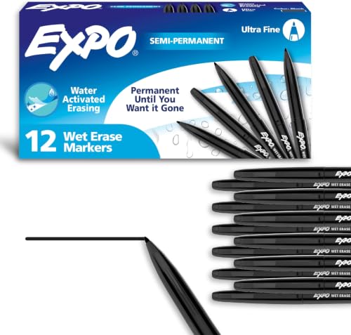 EXPO Wet Erase Markers, Semi-Permanent, Black, Ultra Fine Tip,For Writing on Glass, Whiteboards, Mirrors, Calendar, Labeling, Organizing 12 Count (Pack of 12) - size: 12 Count (Pack of 12)