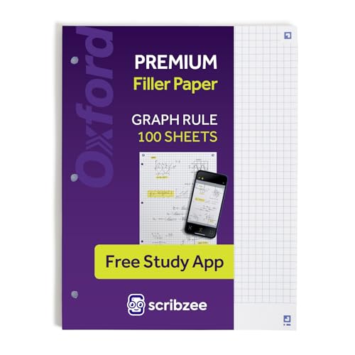Oxford Loose Leaf Graph Paper with Free Study App, 100 Sheets of Graph Ruled 8.5" x 11", 3 Hole Punched Notebook Paper, Ultra Smooth with No Ink Bleed-Through